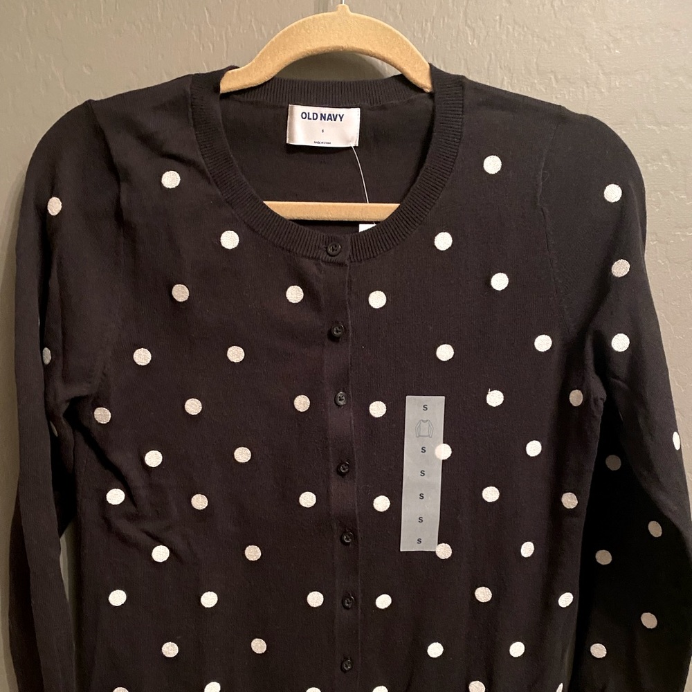 Old Navy Black Cardigan with Embroidered White Dots